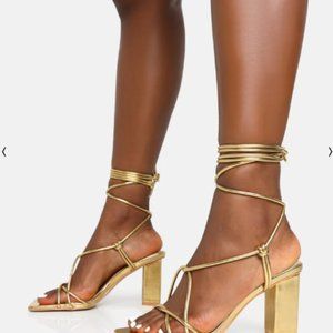 Public Desire, Noor Gold Lace Up Square Toe Mid Block Heels, Gold, Size 9